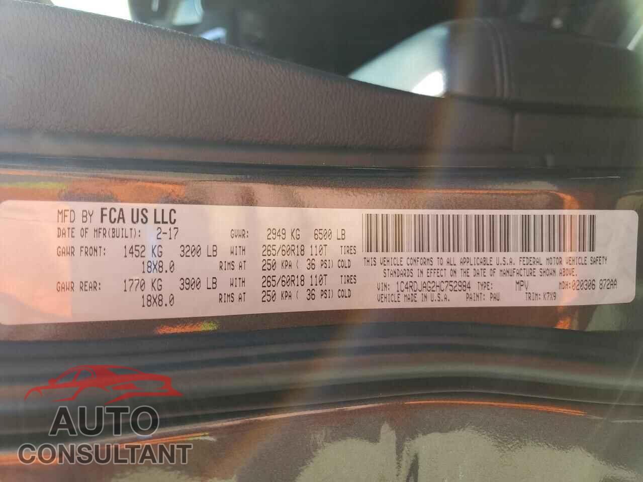 DODGE DURANGO 2017 - 1C4RDJAG2HC752984