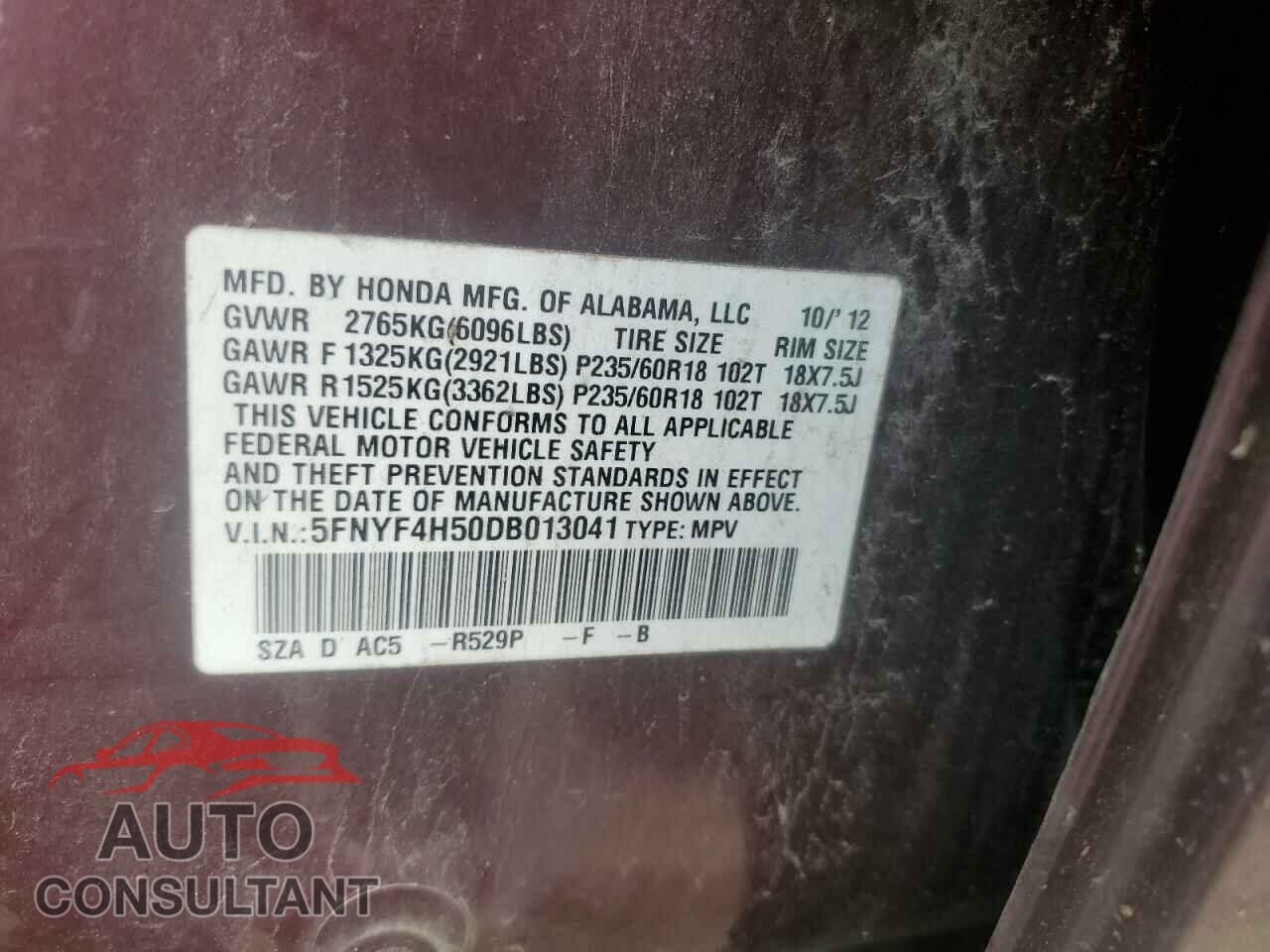 HONDA PILOT 2013 - 5FNYF4H50DB013041