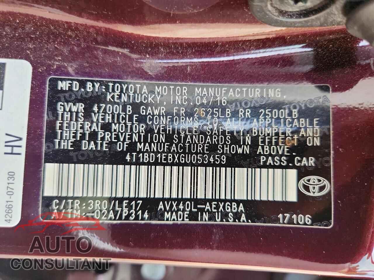 TOYOTA AVALON 2016 - 4T1BD1EBXGU053459