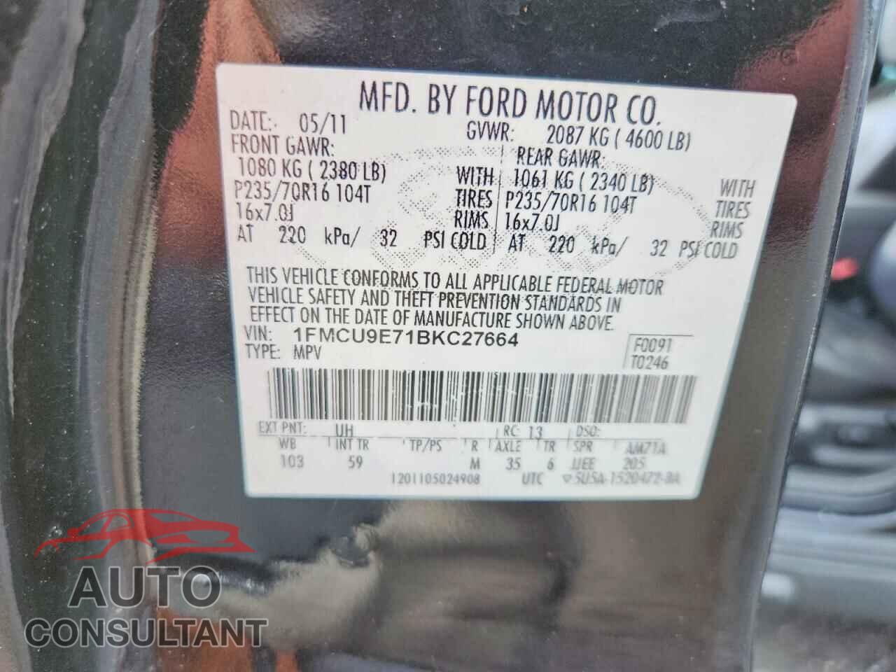 FORD ESCAPE 2011 - 1FMCU9E71BKC27664