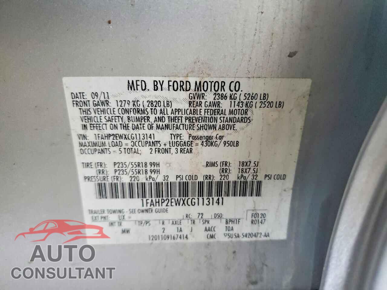 FORD TAURUS 2012 - 1FAHP2EWXCG113141