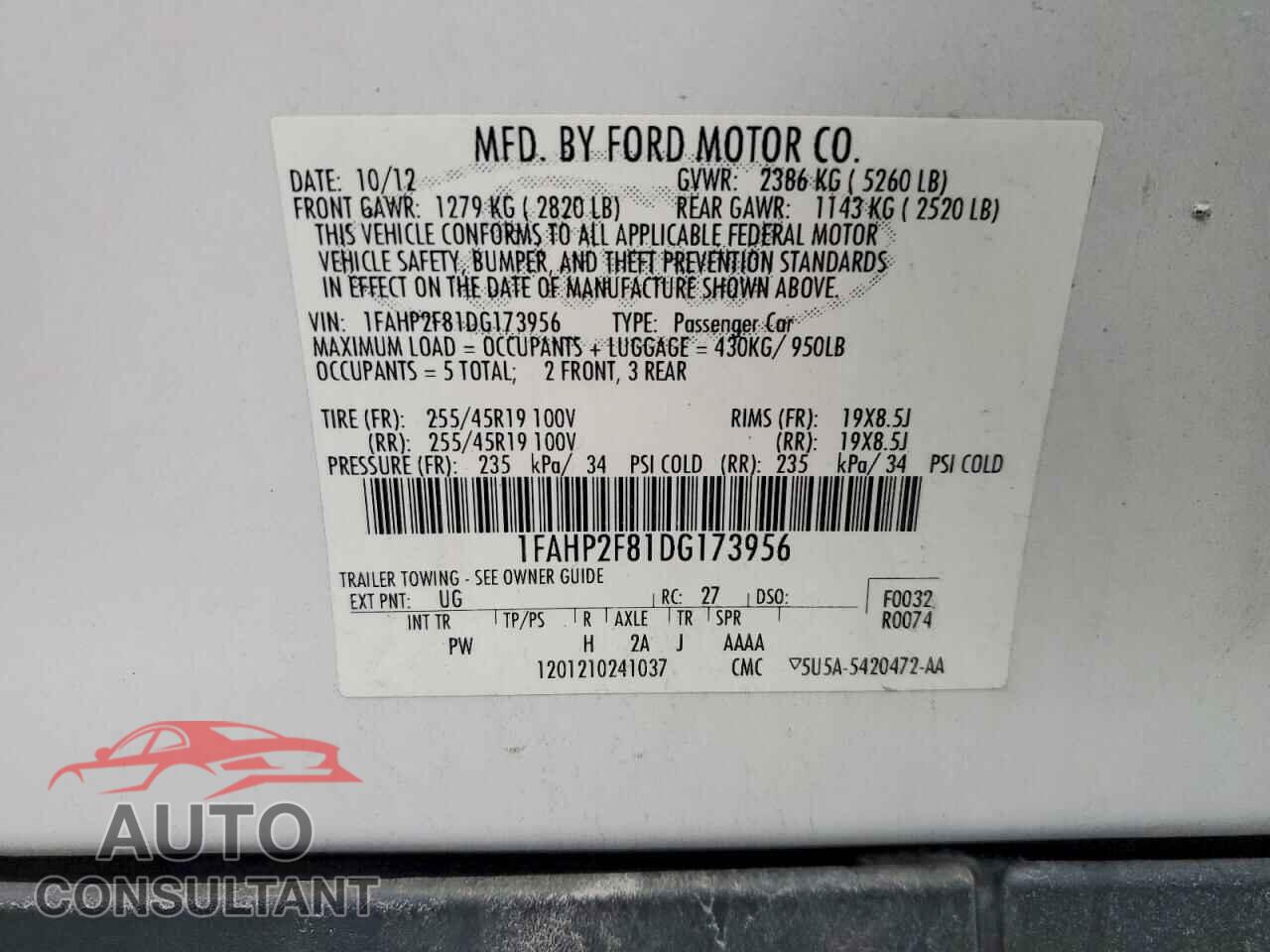 FORD TAURUS 2013 - 1FAHP2F81DG173956