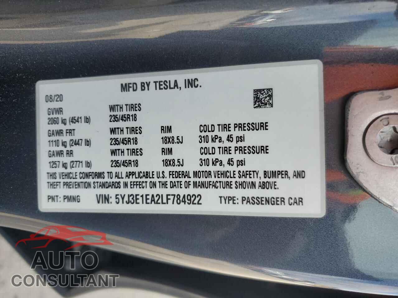 TESLA MODEL 3 2020 - 5YJ3E1EA2LF784922