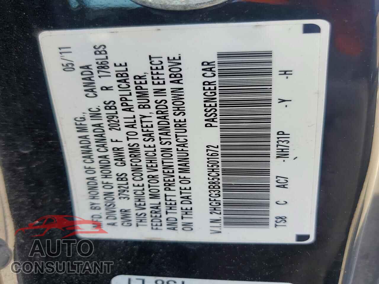 HONDA CIVIC 2012 - 2HGFG3B85CH501672