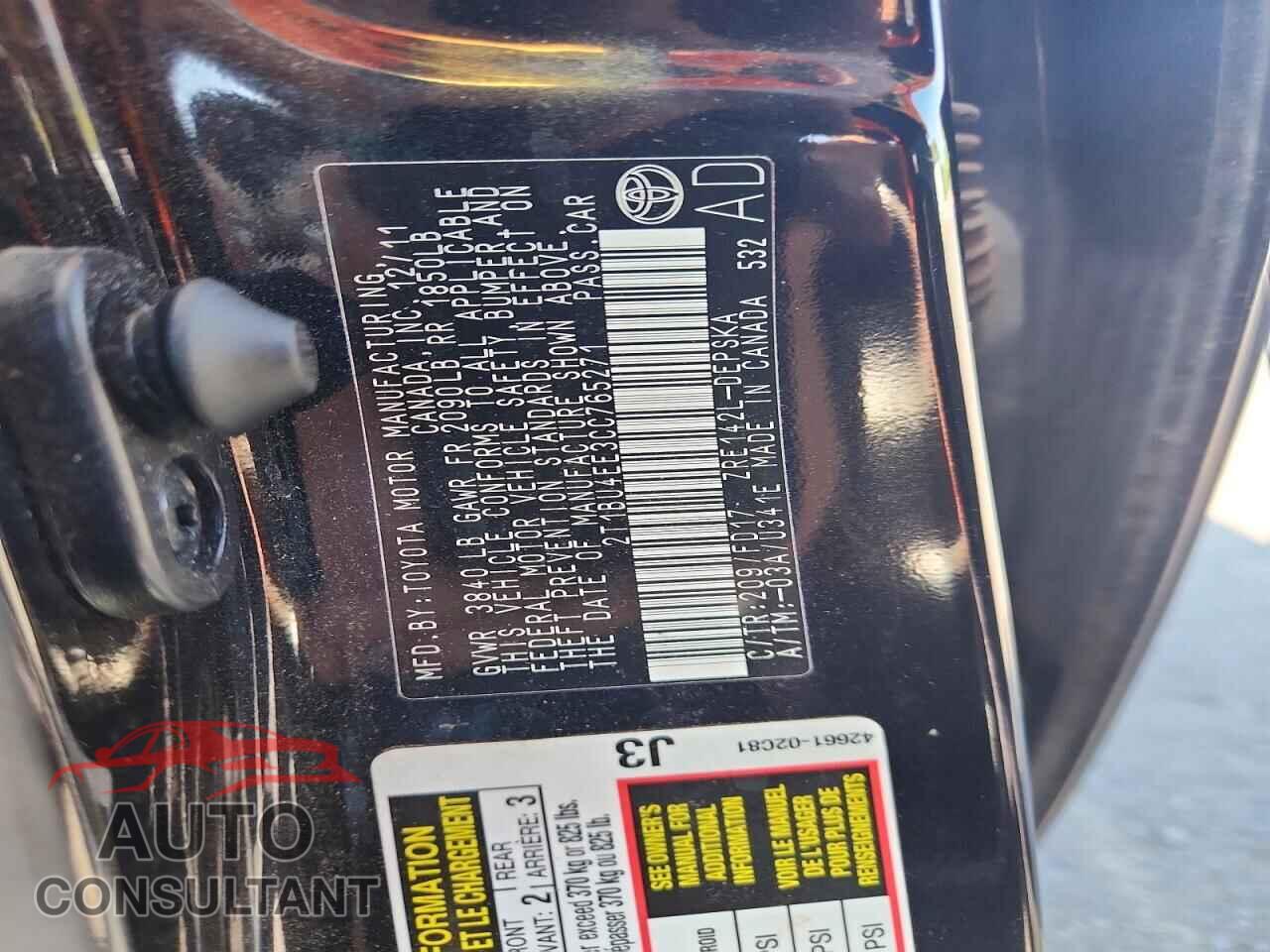 TOYOTA COROLLA 2012 - 2T1BU4EE3CC765271