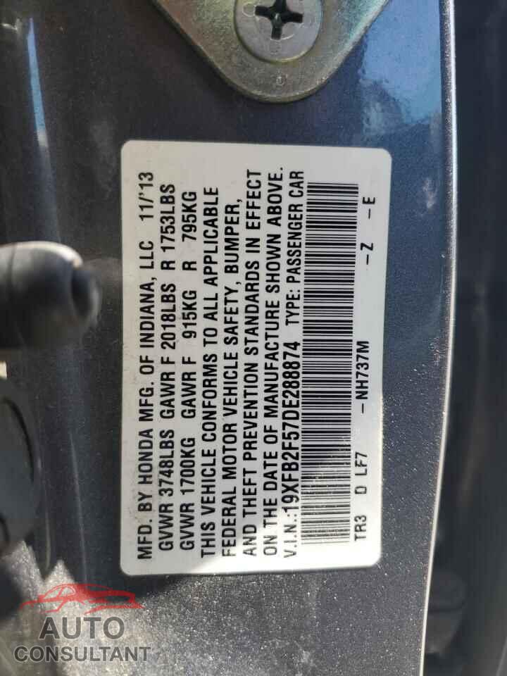 HONDA CIVIC 2013 - 19XFB2F57DE288874