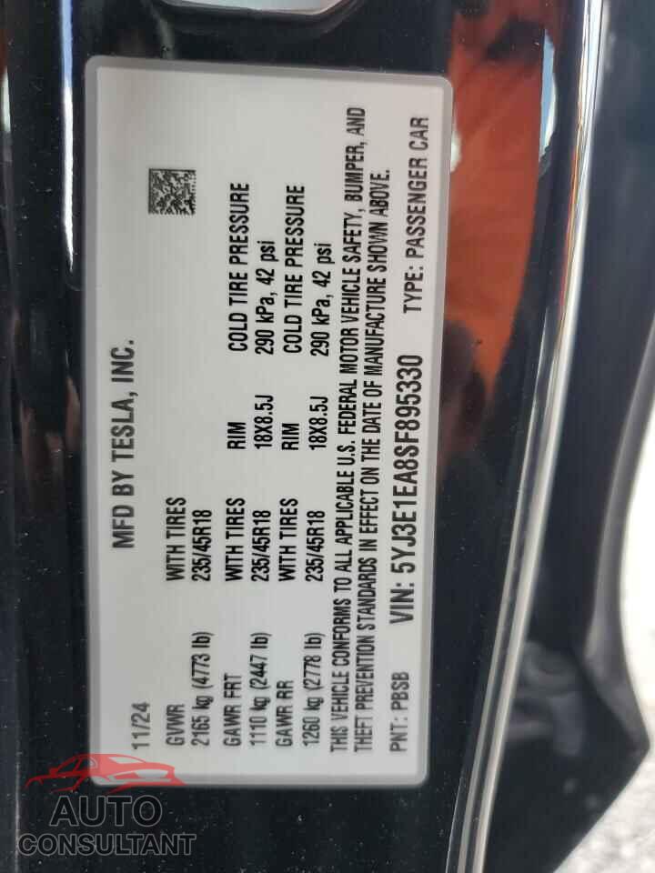 TESLA MODEL 3 2025 - 5YJ3E1EA8SF895330