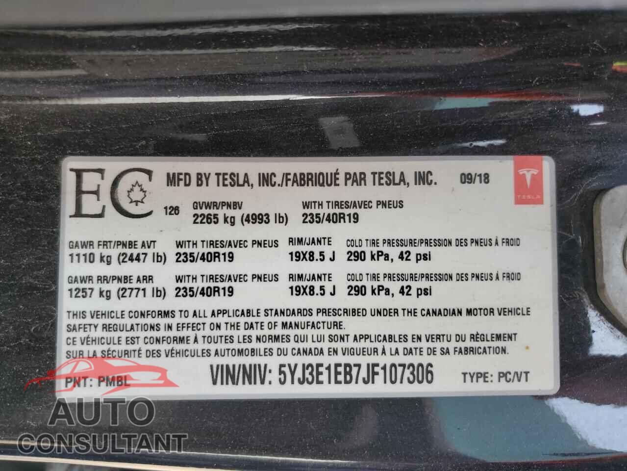 TESLA MODEL 3 2018 - 5YJ3E1EB7JF107306