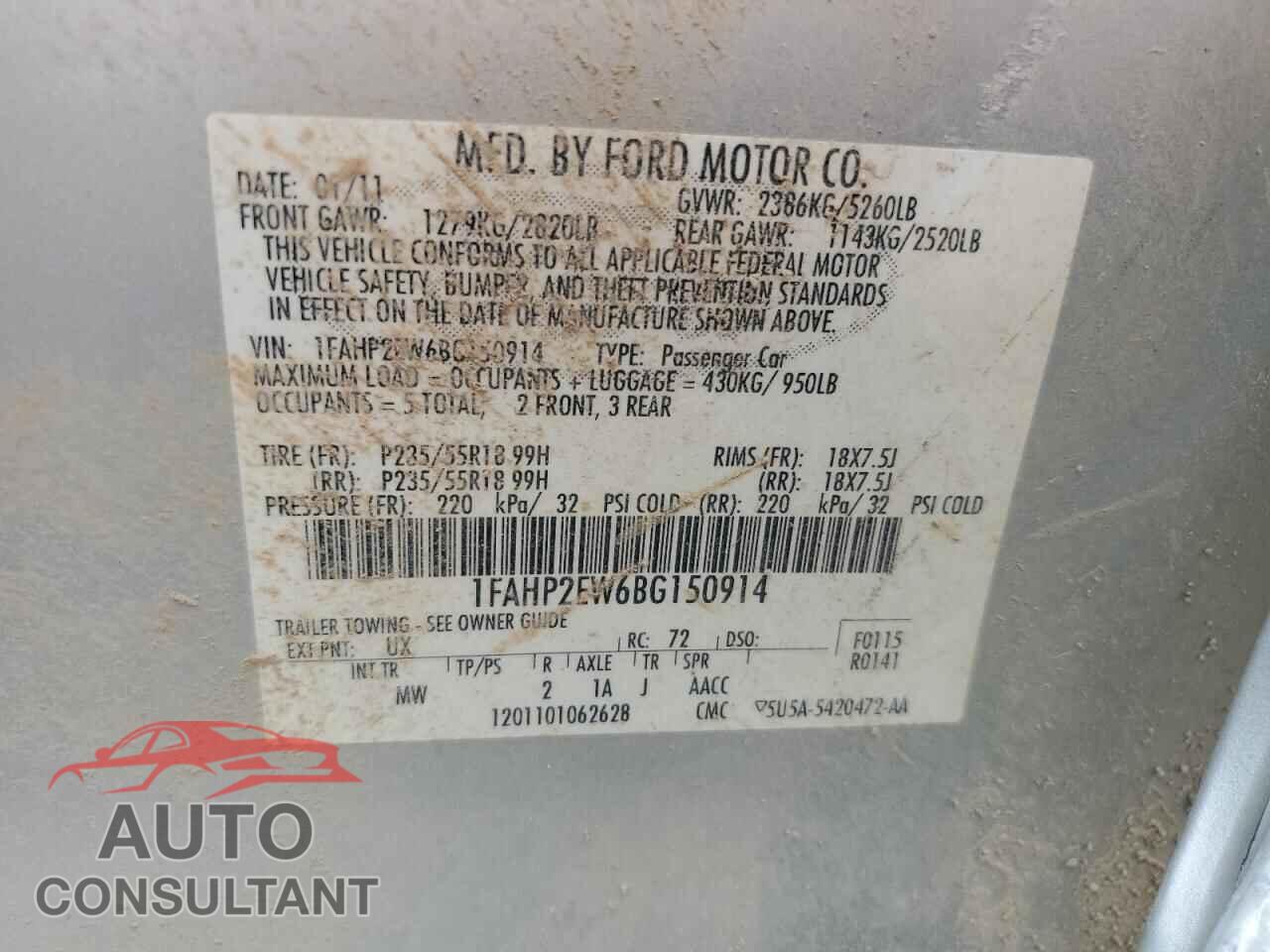 FORD TAURUS 2011 - 1FAHP2EW6BG150914