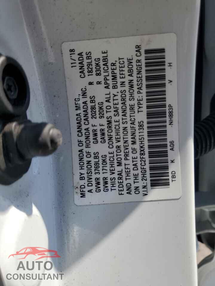 HONDA CIVIC 2019 - 2HGFC2F8XKH511385