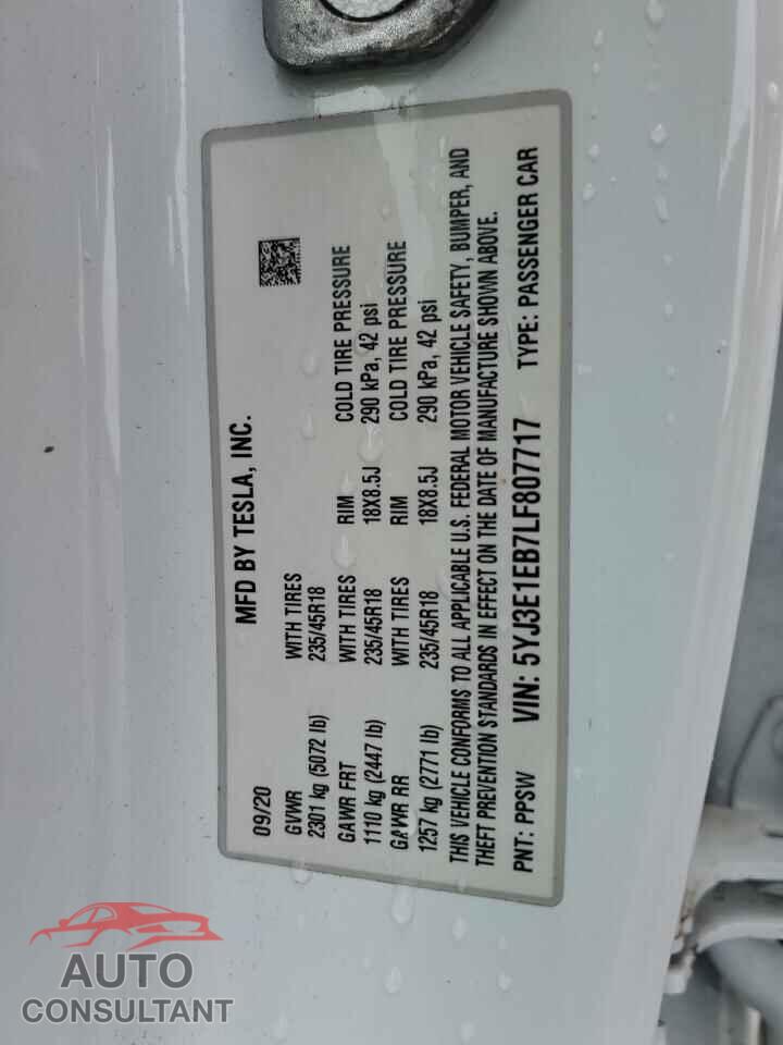 TESLA MODEL 3 2020 - 5YJ3E1EB7LF807717