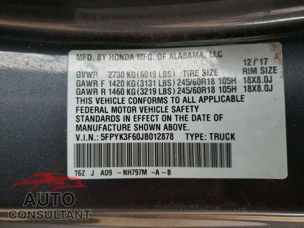 HONDA RIDGELINE 2018 - 5FPYK3F60JB012878