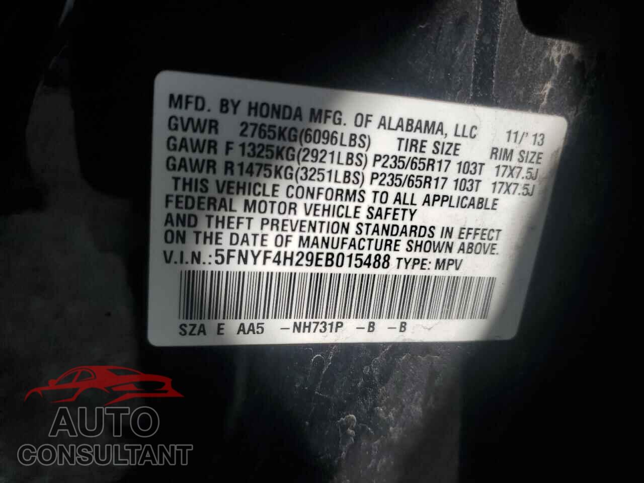 HONDA PILOT 2014 - 5FNYF4H29EB015488