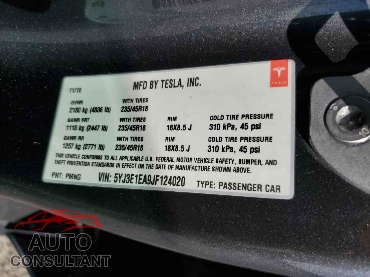TESLA MODEL 3 2018 - 5YJ3E1EA9JF124020