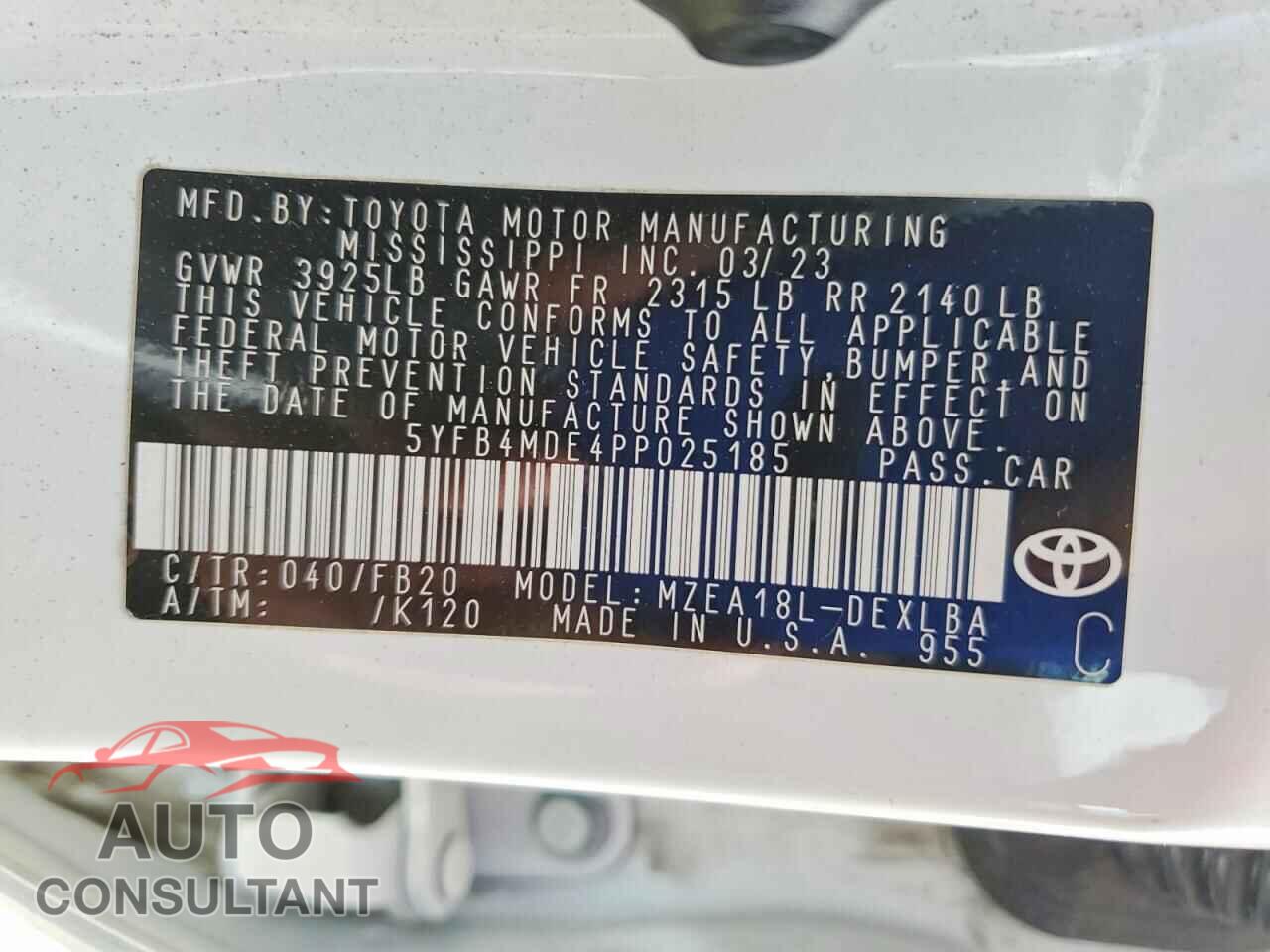 TOYOTA COROLLA 2023 - 5YFB4MDE4PP025185