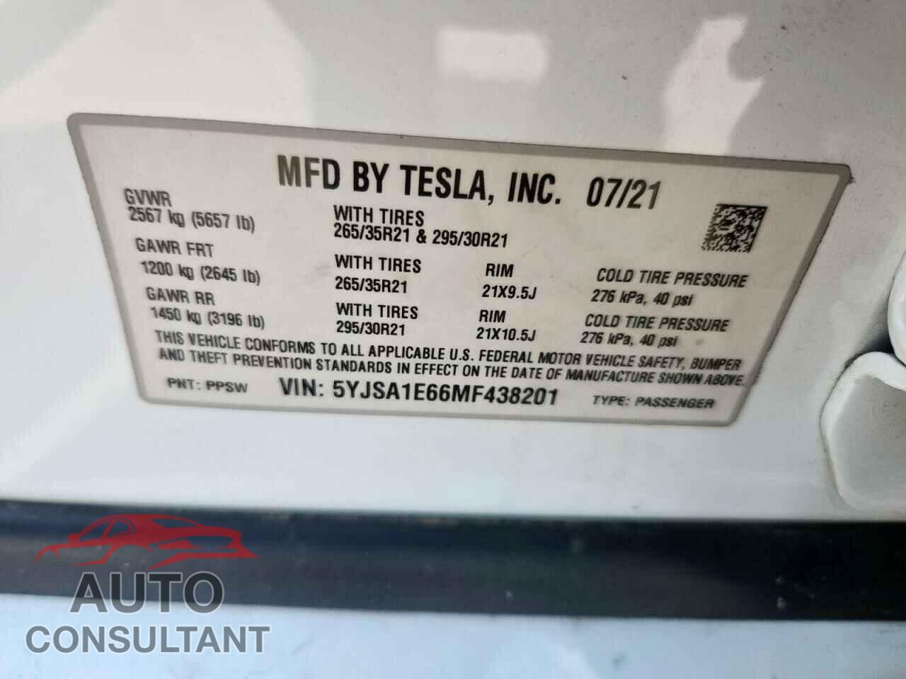 TESLA MODEL S 2021 - 5YJSA1E66MF438201