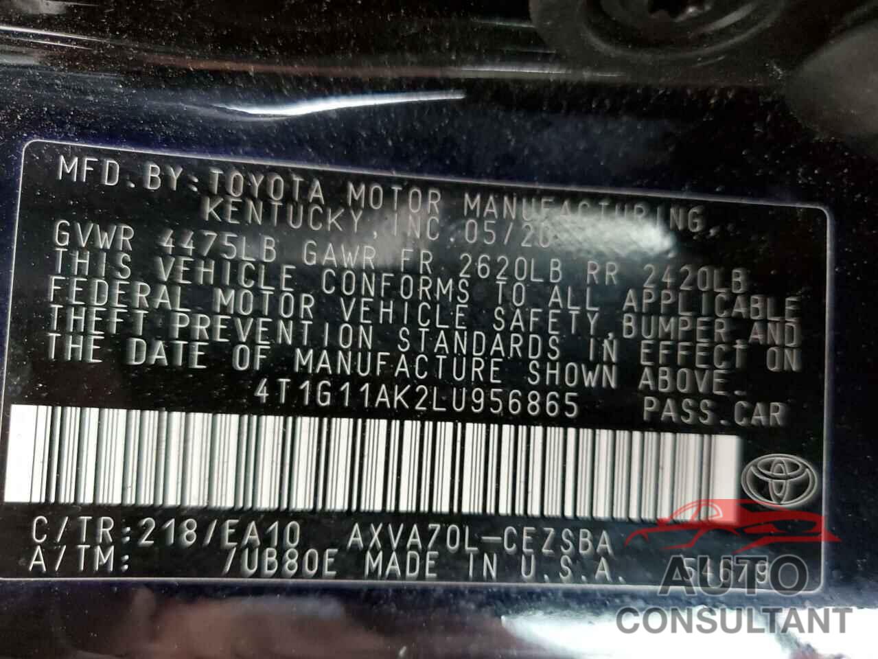 TOYOTA CAMRY 2020 - 4T1G11AK2LU956865