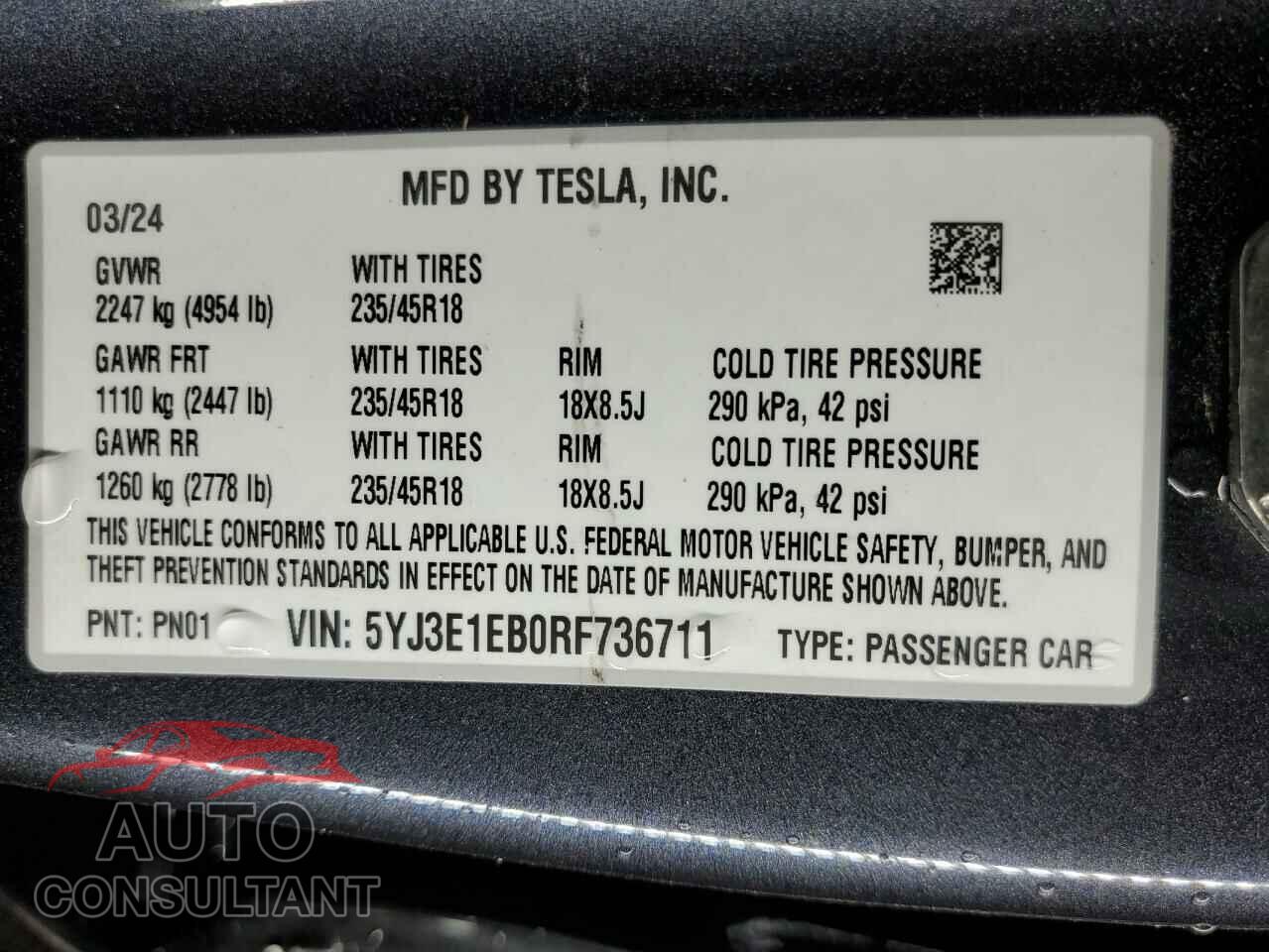 TESLA MODEL 3 2024 - 5YJ3E1EB0RF736711
