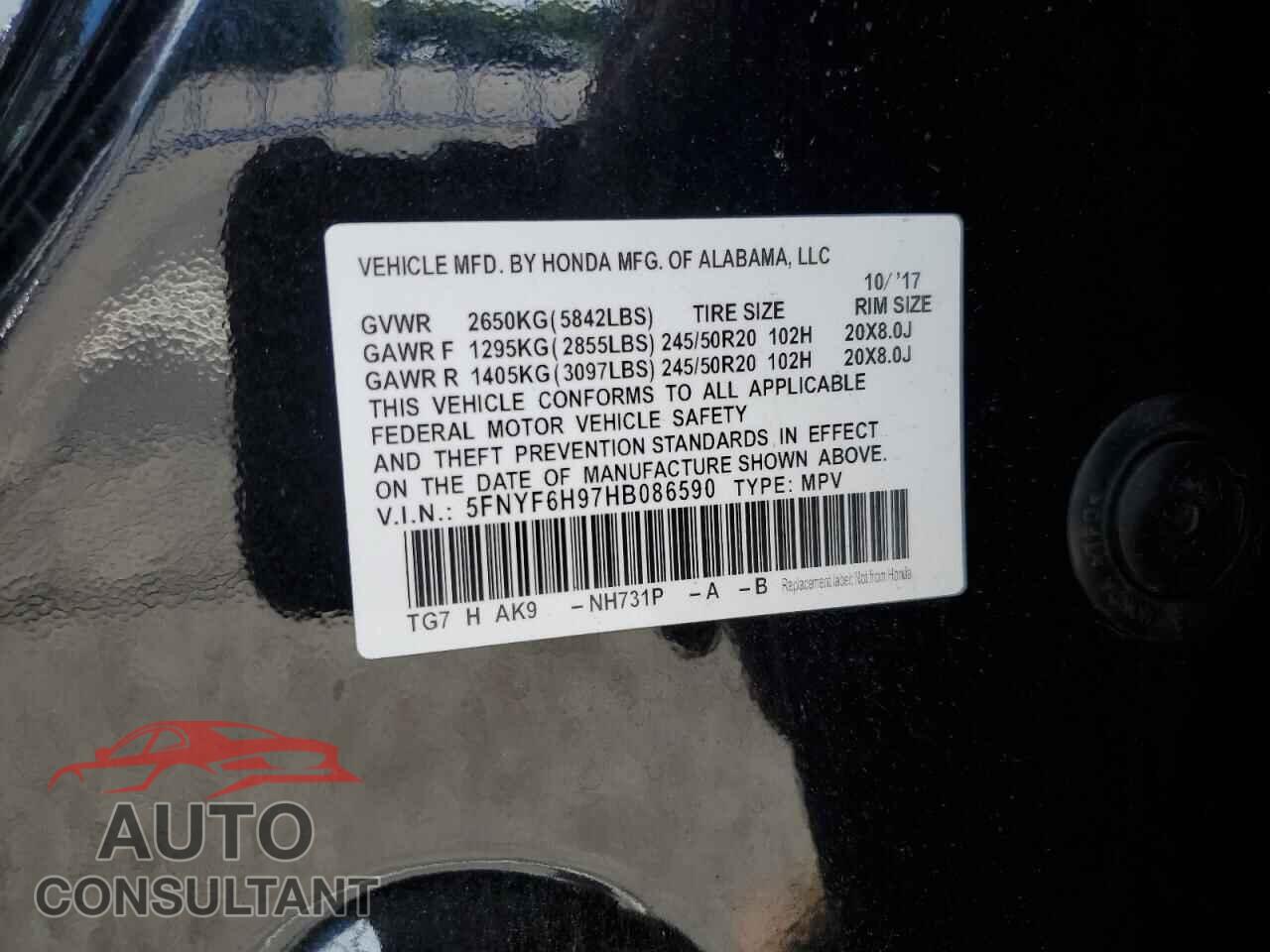 HONDA PILOT 2017 - 5FNYF6H97HB086590