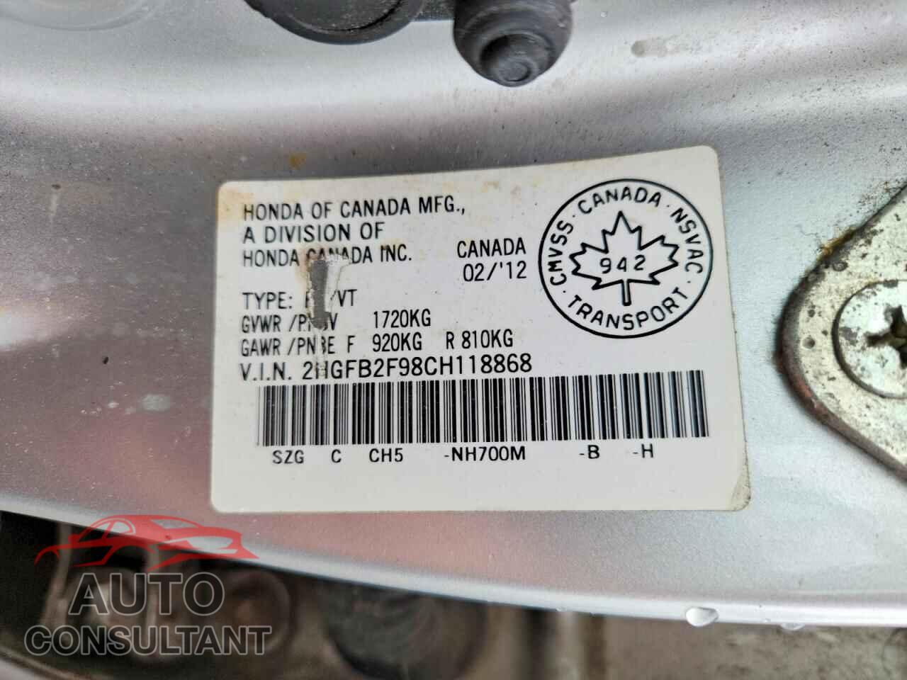 HONDA CIVIC 2012 - 2HGFB2F98CH118868