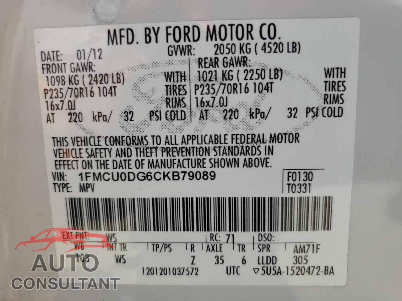 FORD ESCAPE 2012 - 1FMCU0DG6CKB79089