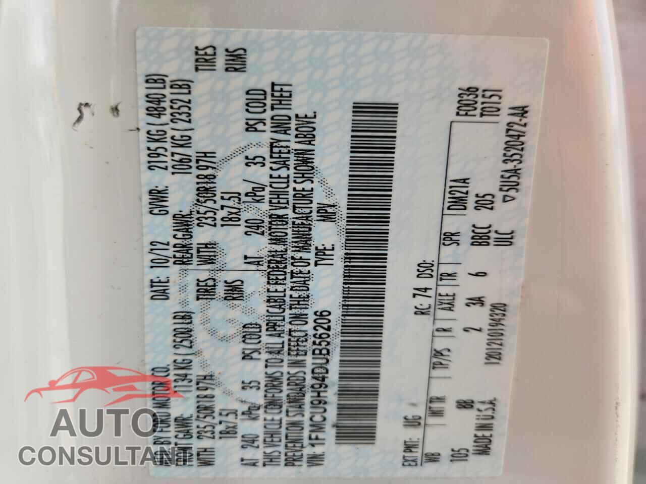 FORD ESCAPE 2013 - 1FMCU9H94DUB56206