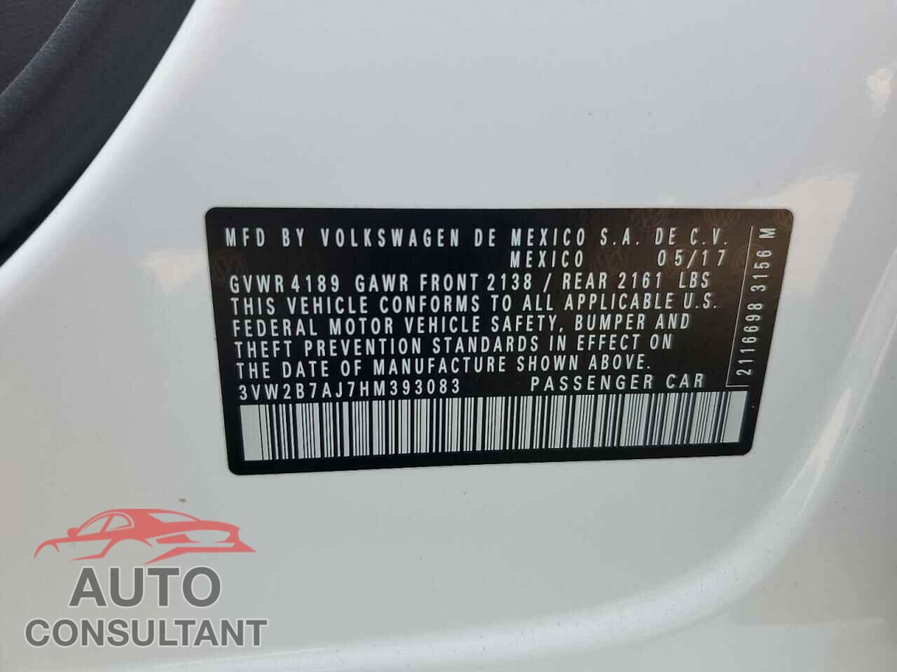VOLKSWAGEN JETTA 2017 - 3VW2B7AJ7HM393083