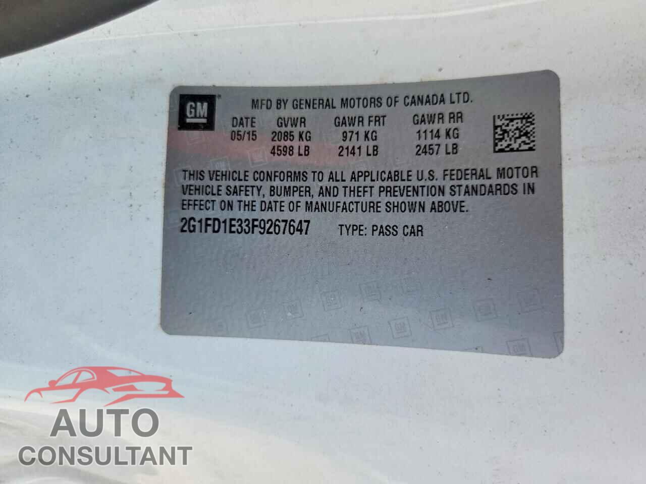 CHEVROLET CAMARO 2015 - 2G1FD1E33F9267647
