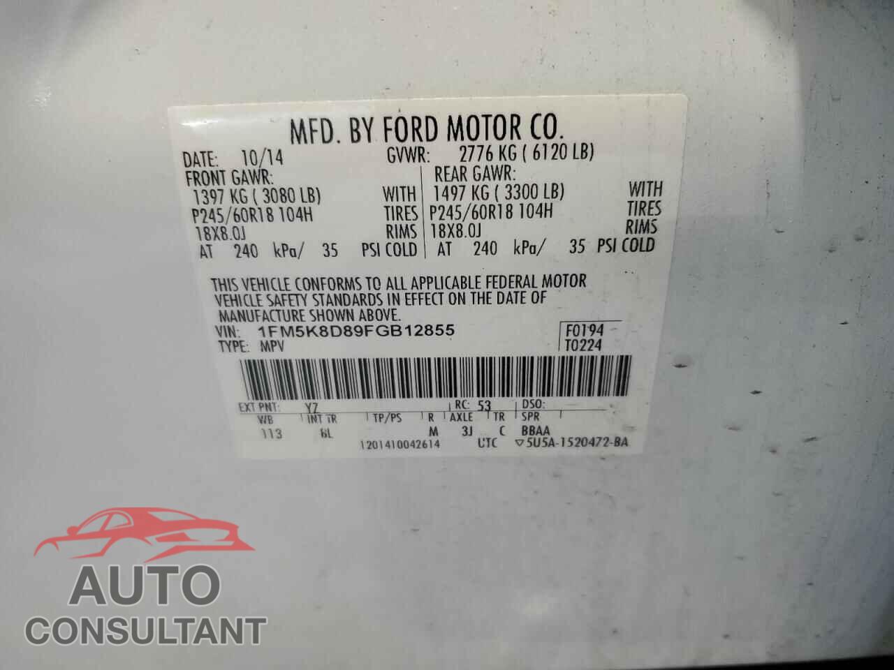 FORD EXPLORER 2015 - 1FM5K8D89FGB12855