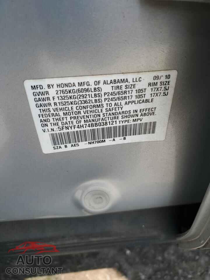 HONDA PILOT 2011 - 5FNYF4H74BB038121
