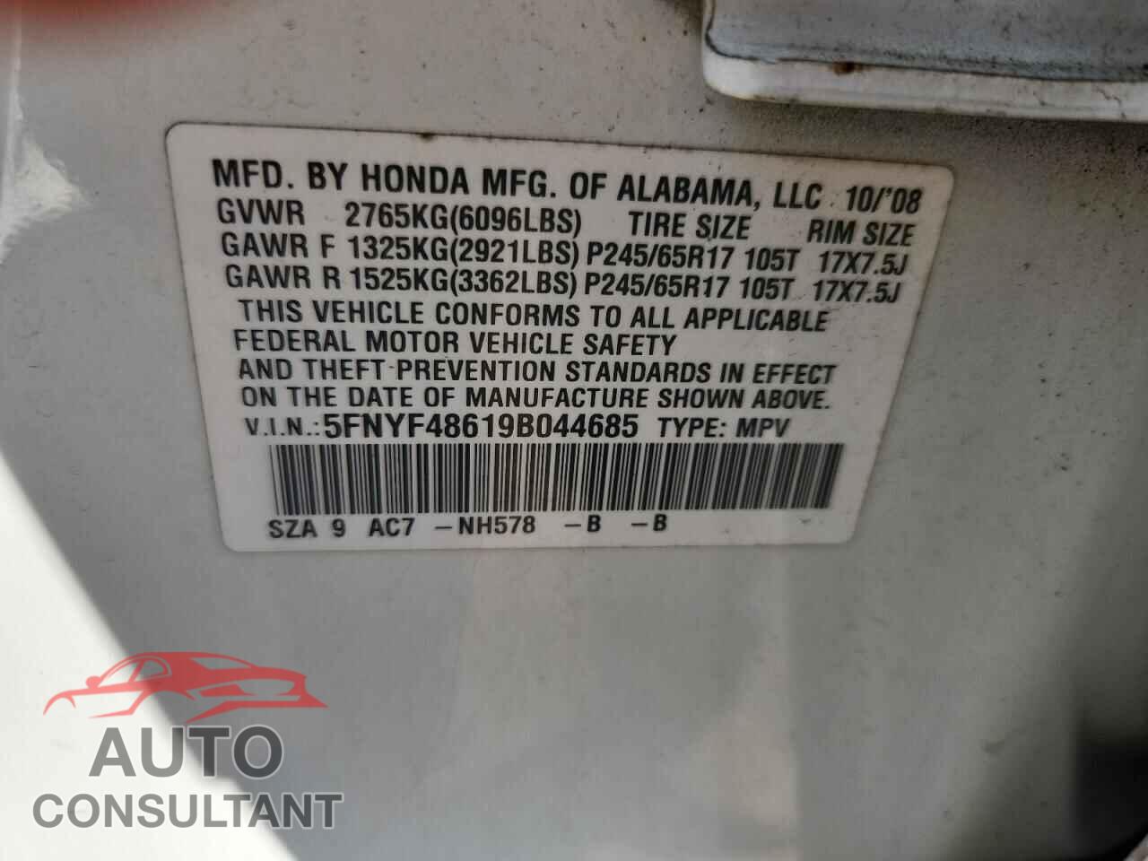 HONDA PILOT 2009 - 5FNYF48619B044685