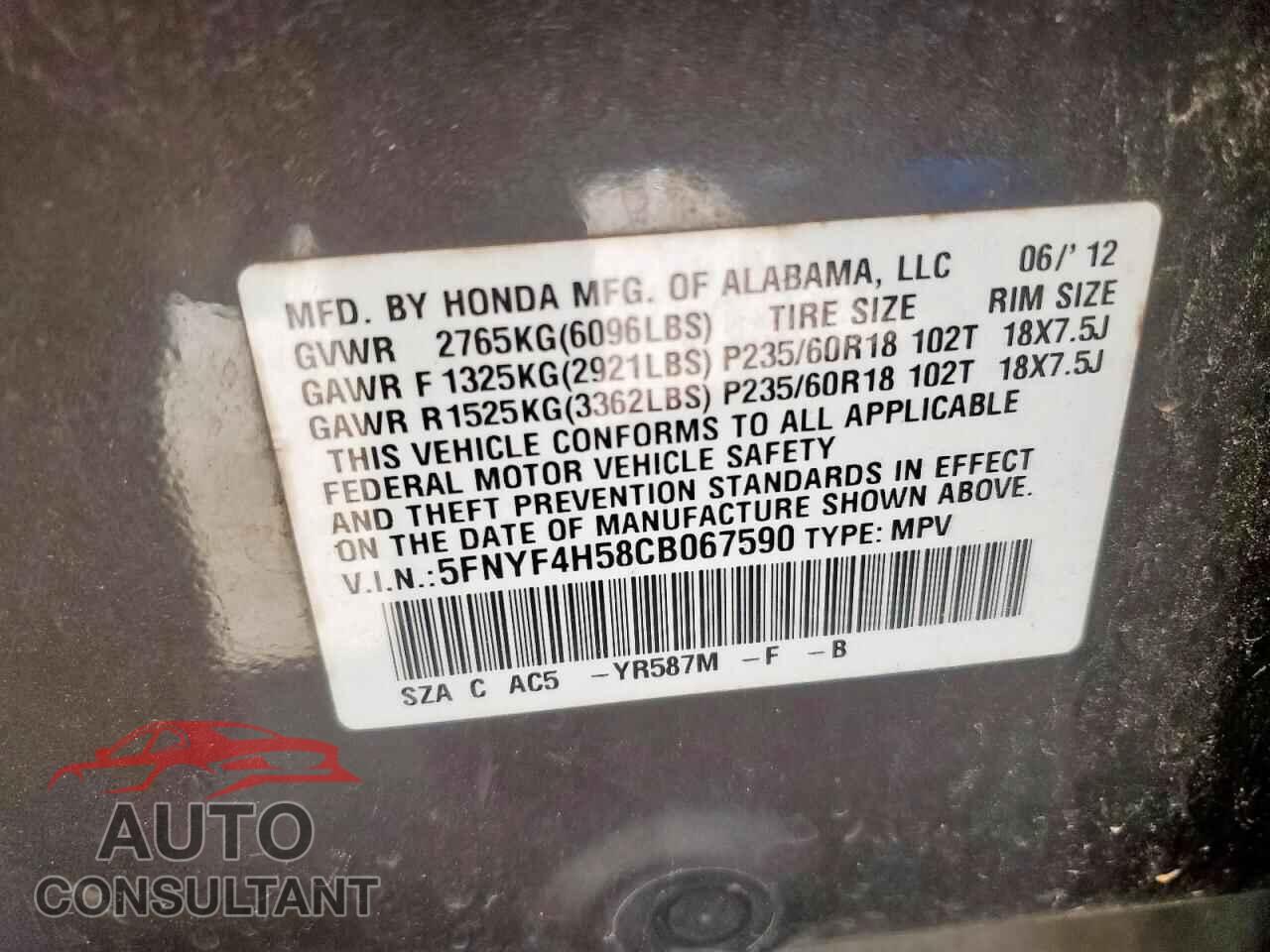 HONDA PILOT 2012 - 5FNYF4H58CB067590