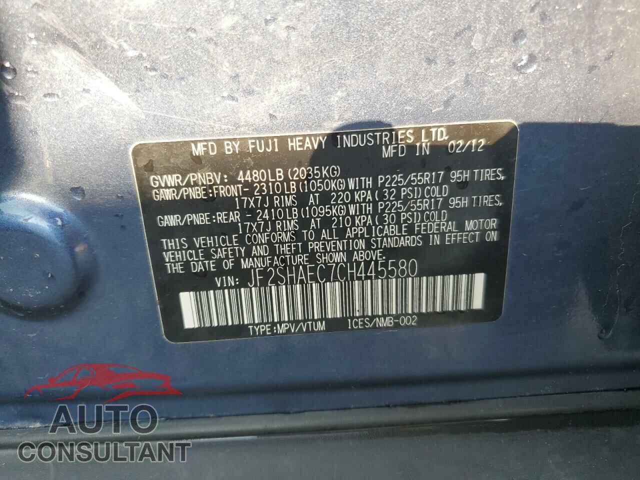 SUBARU FORESTER 2012 - JF2SHAEC7CH445580