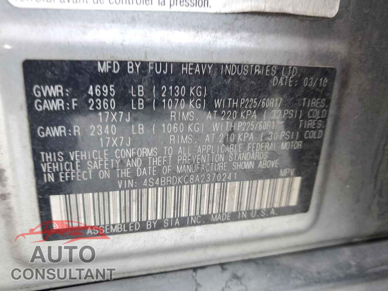 SUBARU OUTBACK 2010 - 4S4BRDKC8A2370241