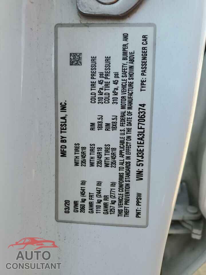 TESLA MODEL 3 2020 - 5YJ3E1EA3LF706374