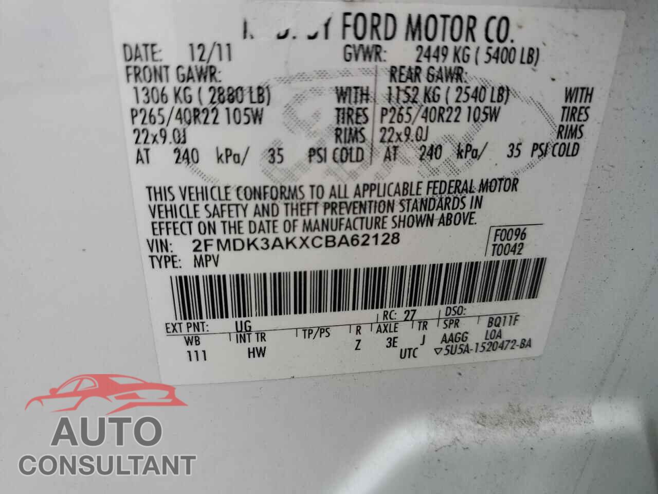 FORD EDGE 2012 - 2FMDK3AKXCBA62128
