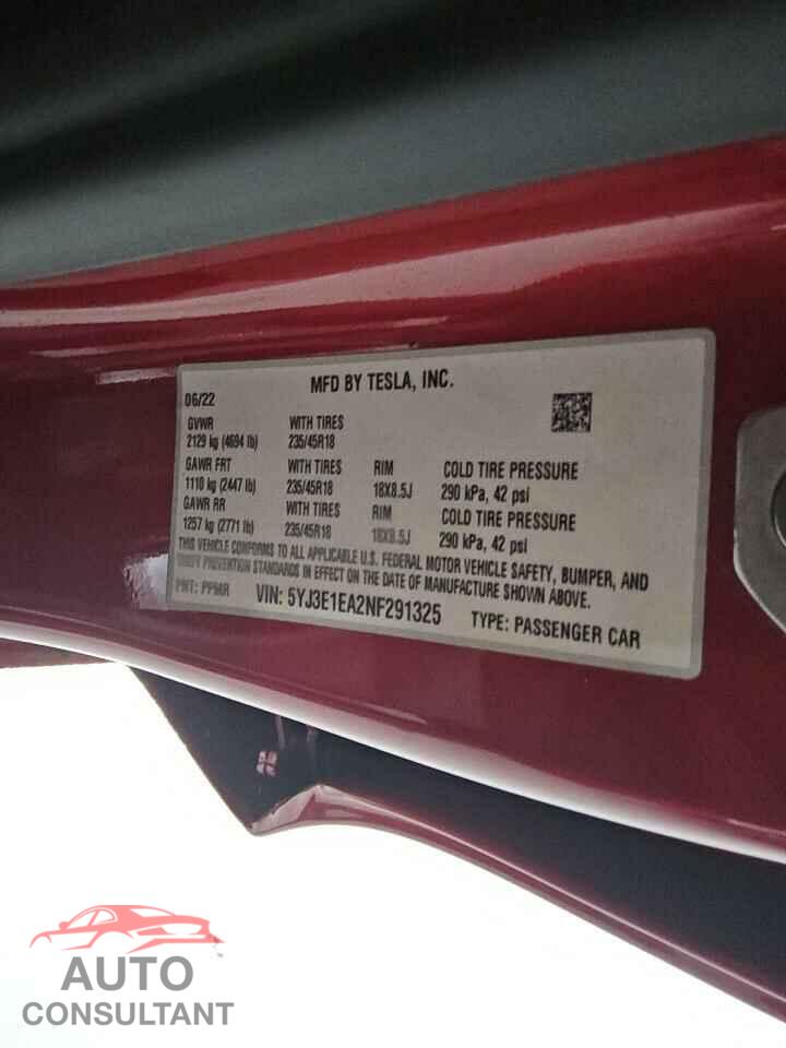 TESLA MODEL 3 2022 - 5YJ3E1EA2NF291325