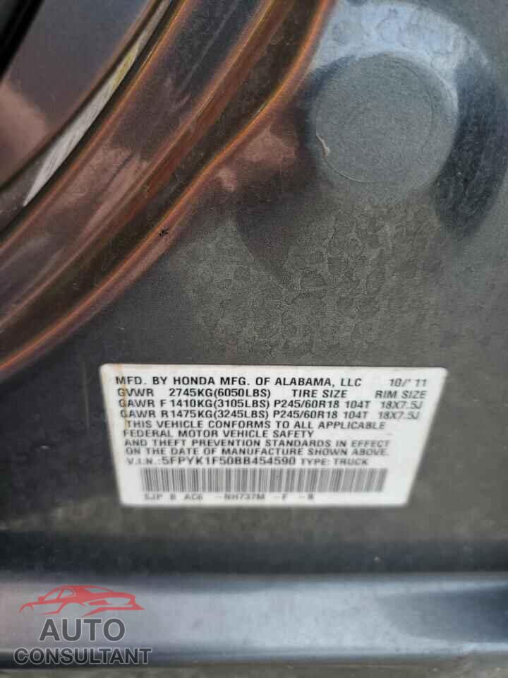 HONDA RIDGELINE 2011 - 5FPYK1F50BB454590