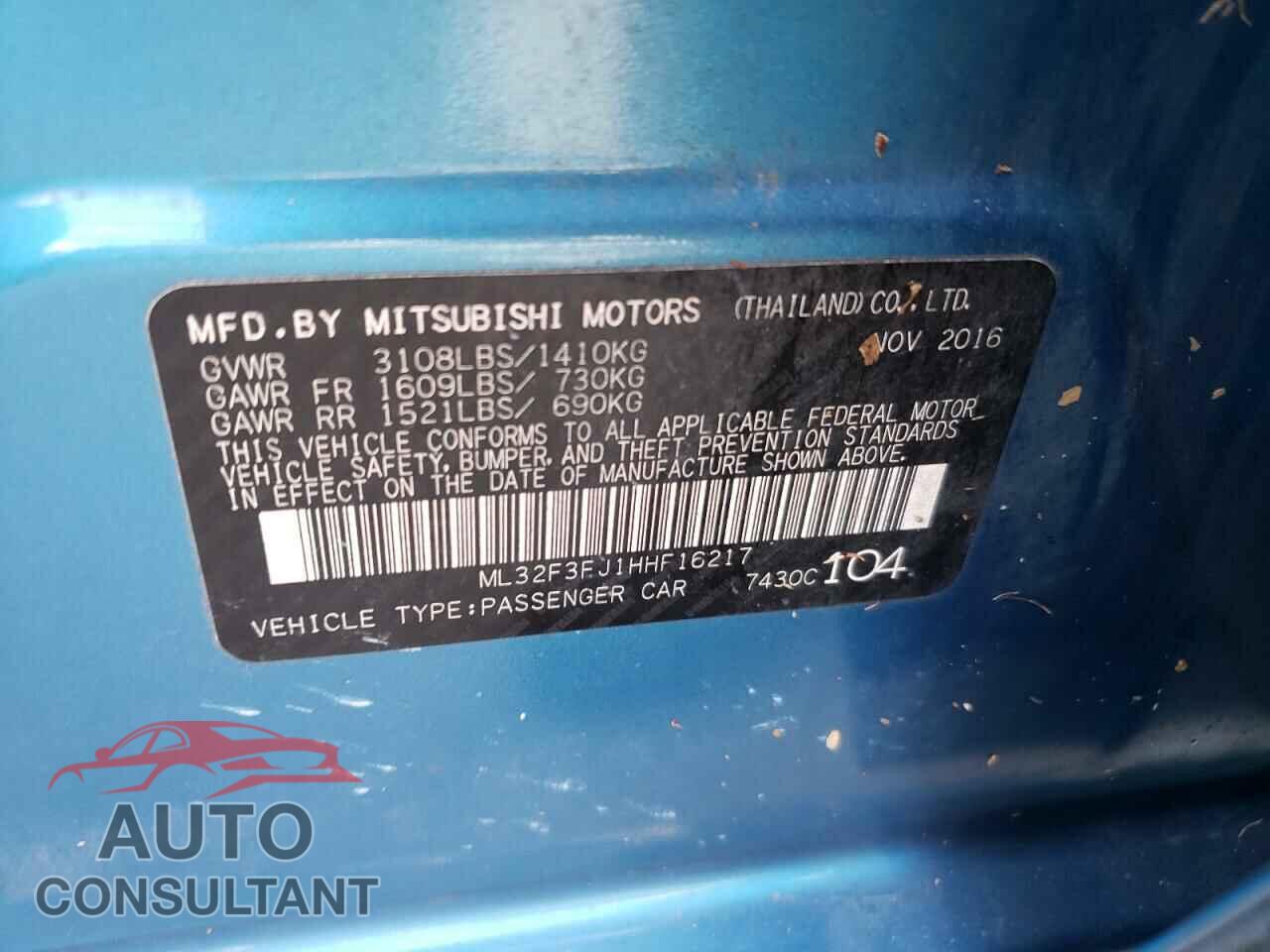 MITSUBISHI MIRAGE 2017 - ML32F3FJ1HHF16217