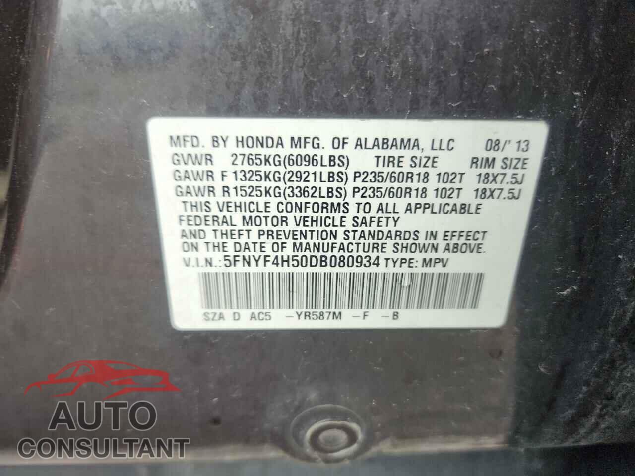 HONDA PILOT 2013 - 5FNYF4H50DB080934
