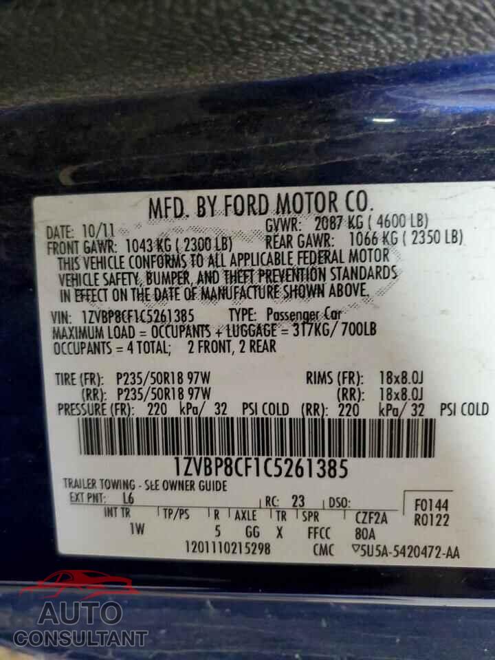 FORD MUSTANG 2012 - 1ZVBP8CF1C5261385