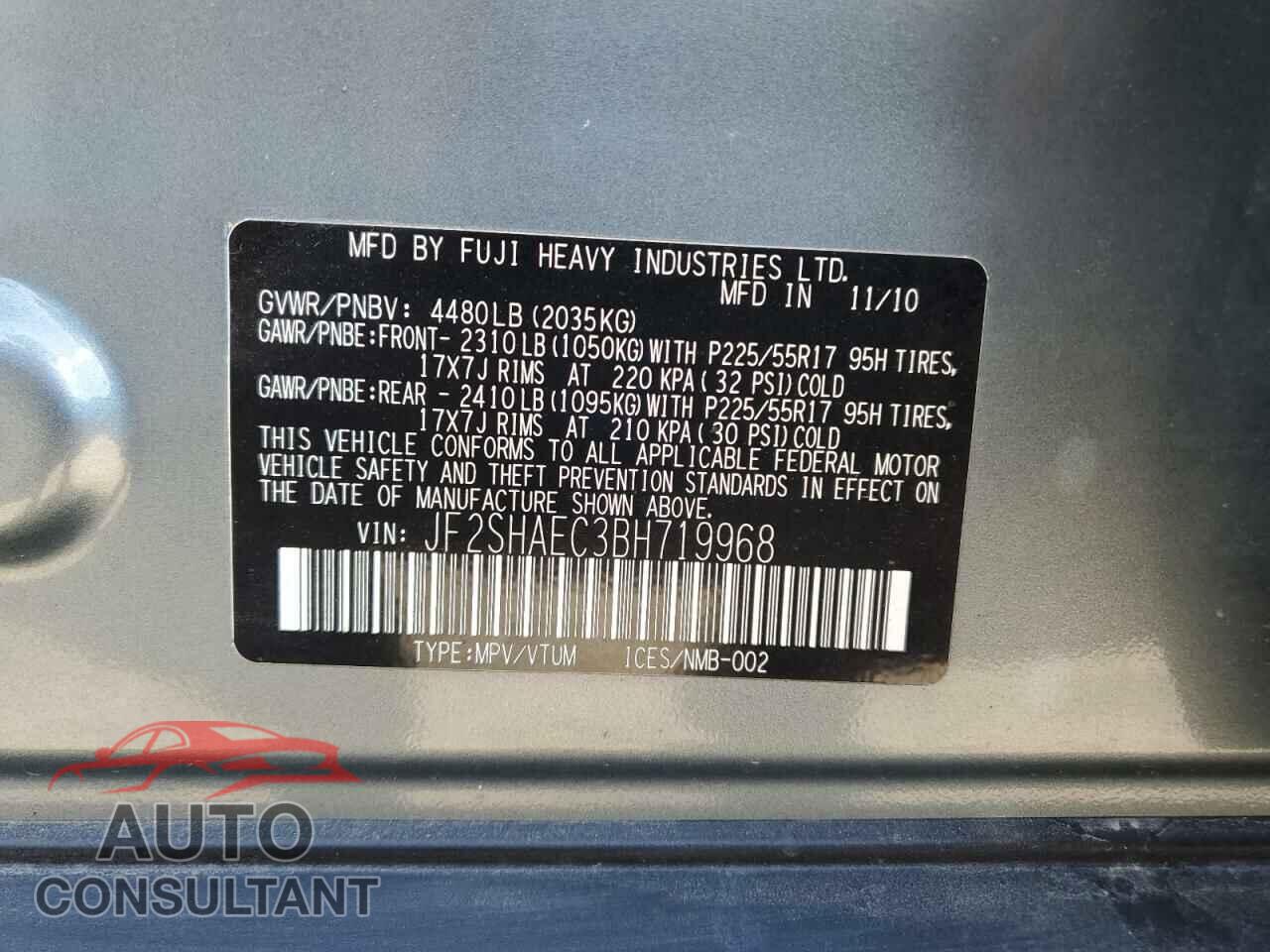 SUBARU FORESTER 2011 - JF2SHAEC3BH719968