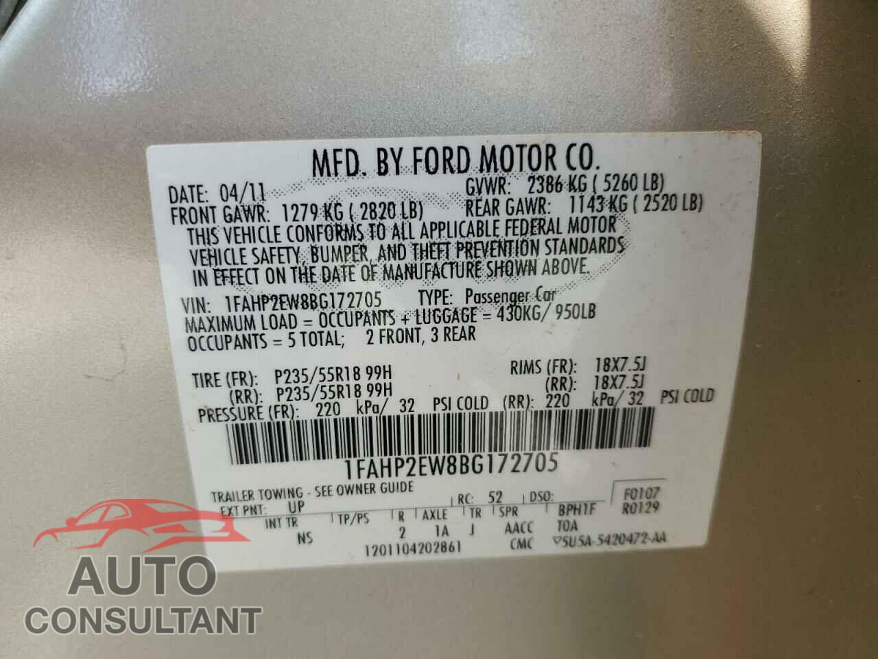 FORD TAURUS 2011 - 1FAHP2EW8BG172705