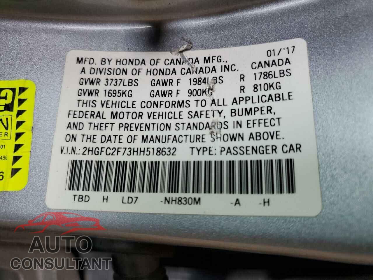 HONDA CIVIC 2017 - 2HGFC2F73HH518632