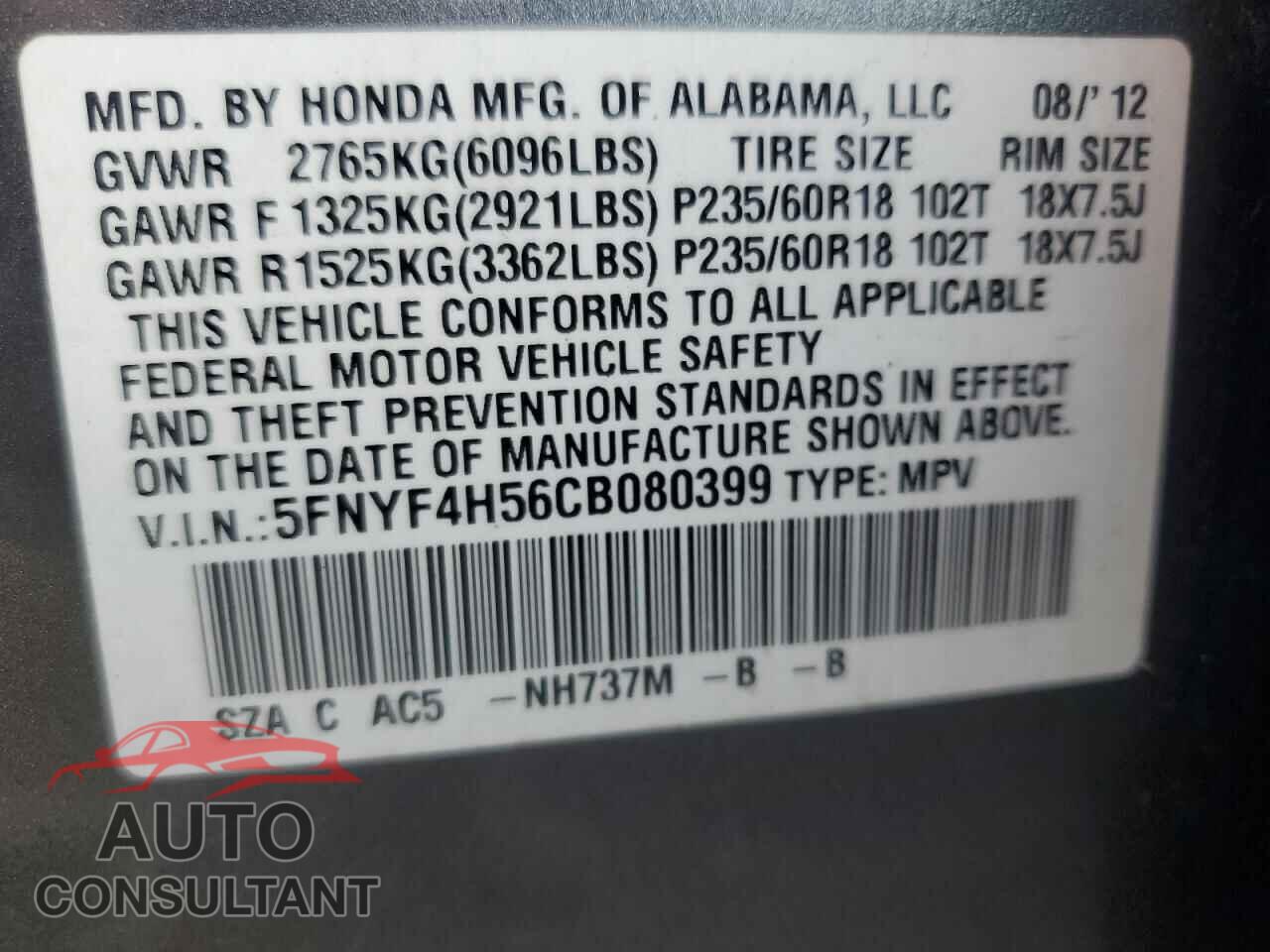 HONDA PILOT 2012 - 5FNYF4H56CB080399