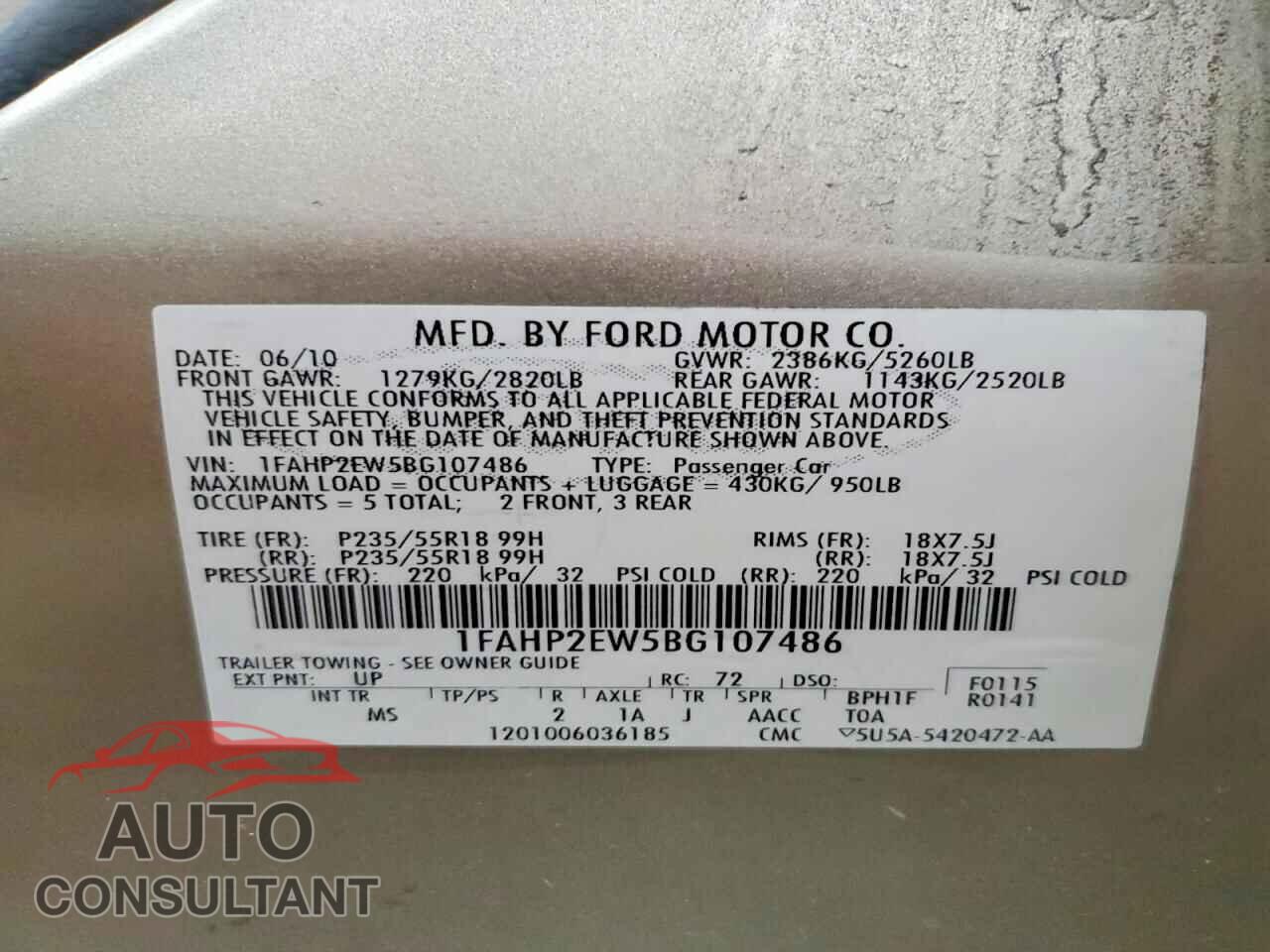 FORD TAURUS 2011 - 1FAHP2EW5BG107486
