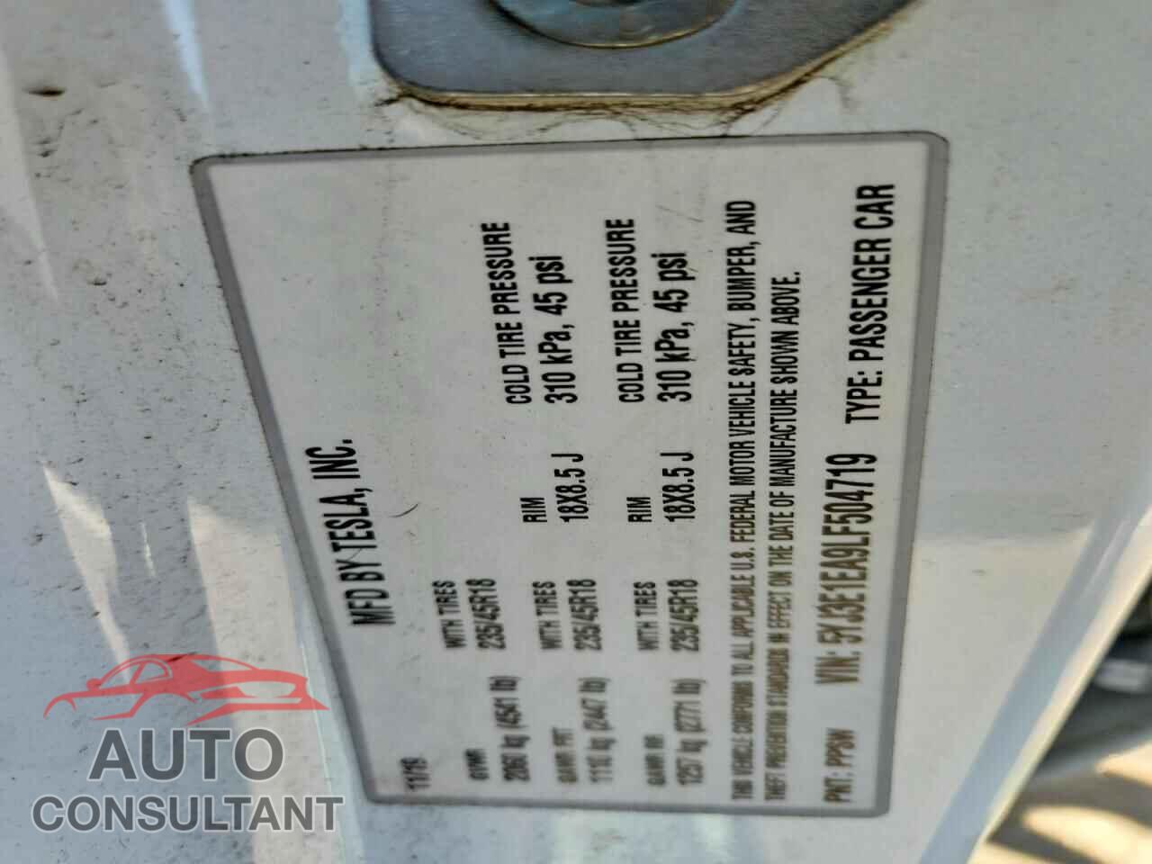 TESLA MODEL 3 2020 - 5YJ3E1EA9LF504719