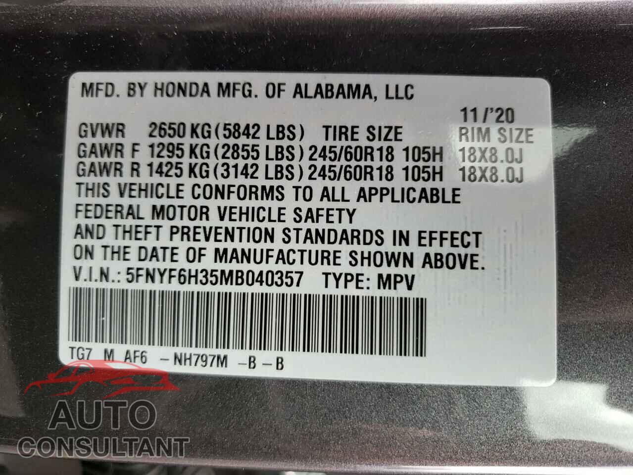 HONDA PILOT 2021 - 5FNYF6H35MB040357