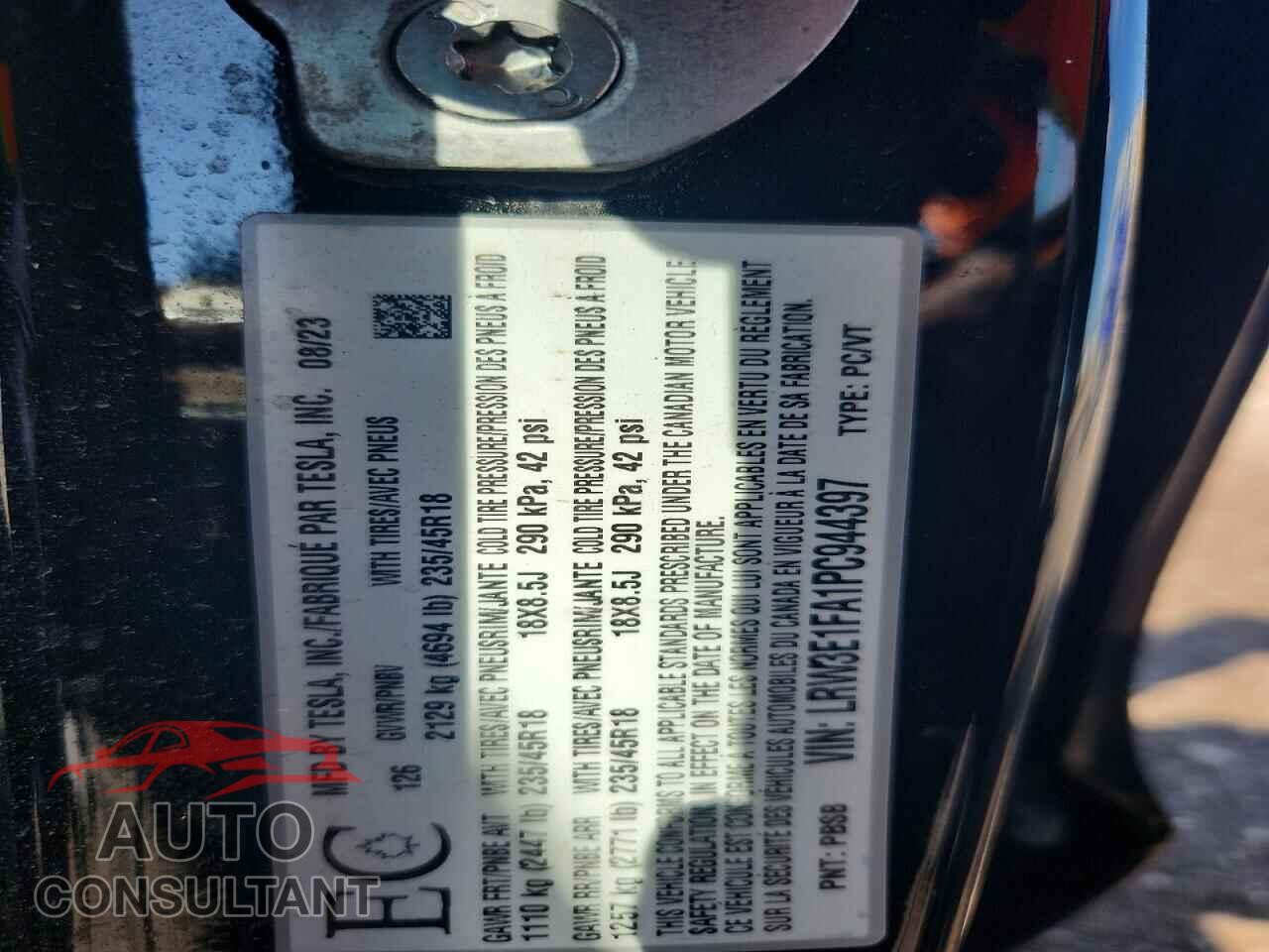 TESLA MODEL 3 2023 - LRW3E1FA1PC944397