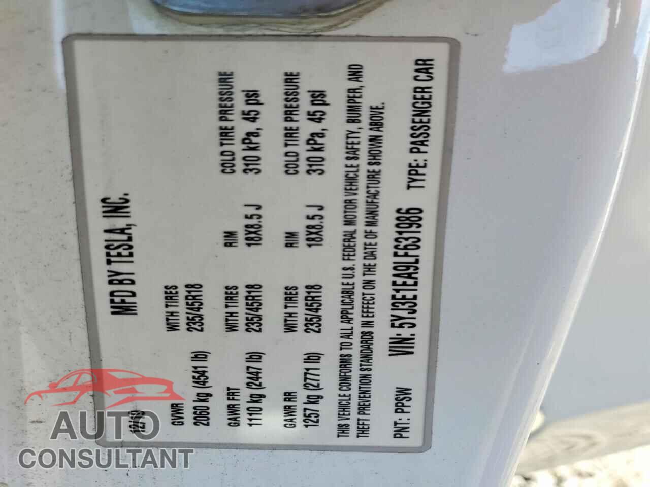 TESLA MODEL 3 2020 - 5YJ3E1EA9LF631986